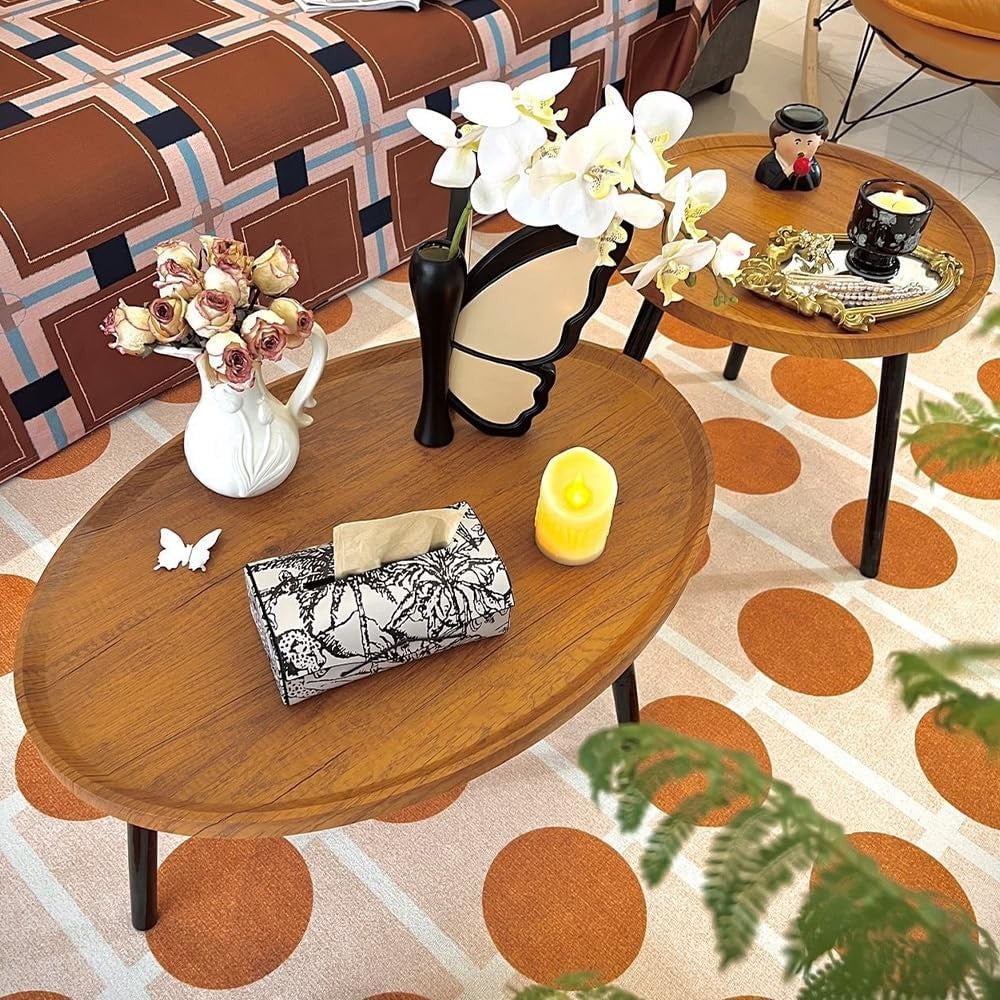 Oval Coffee Table Set Modern Living Room End Tables Wood Top Metal Frame Nature