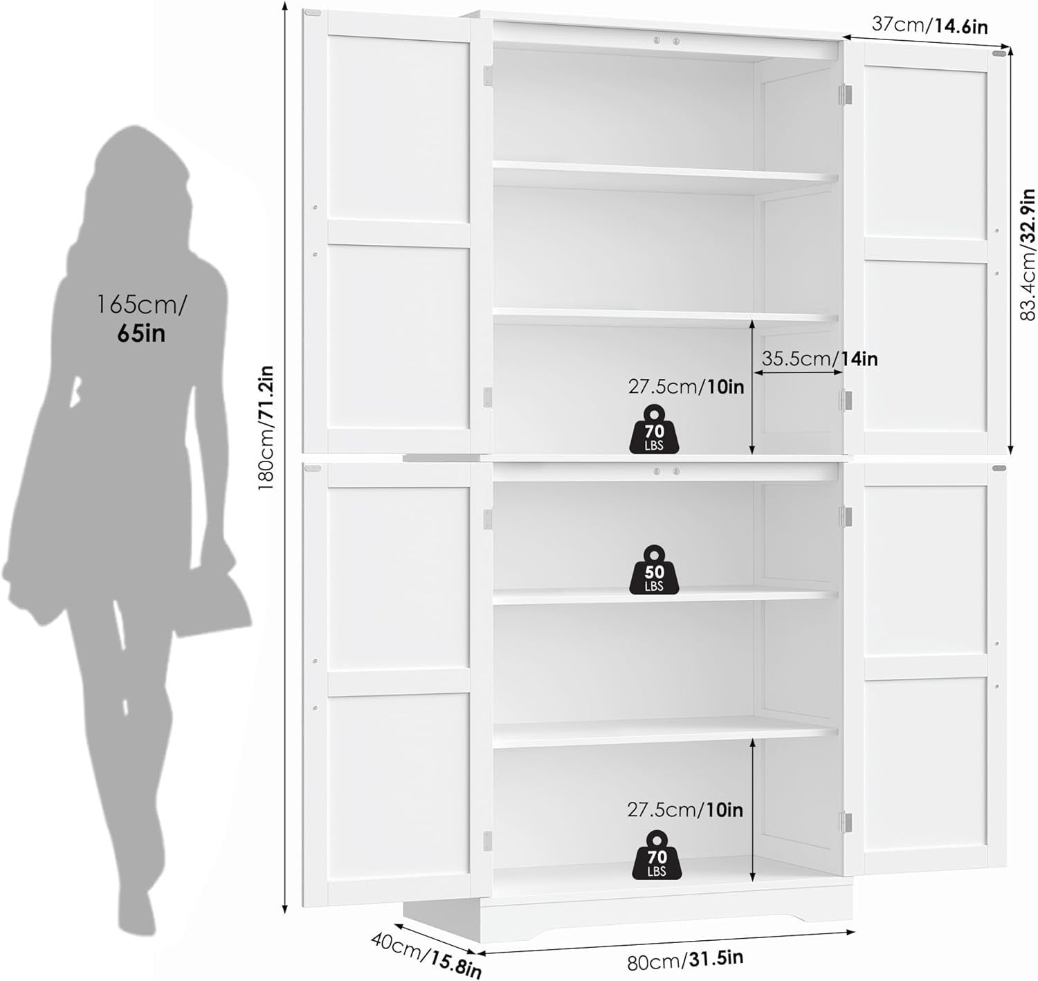 Tall Kitchen Pantry Cabinet 4-Door Storage Cupboard White