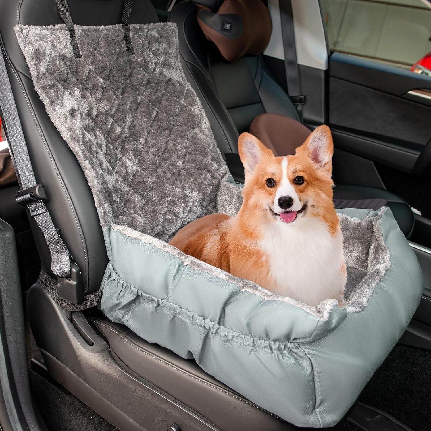Pet Car Booster Seat Plush Dog Travel Bed Safety Leash Non Slip Grey