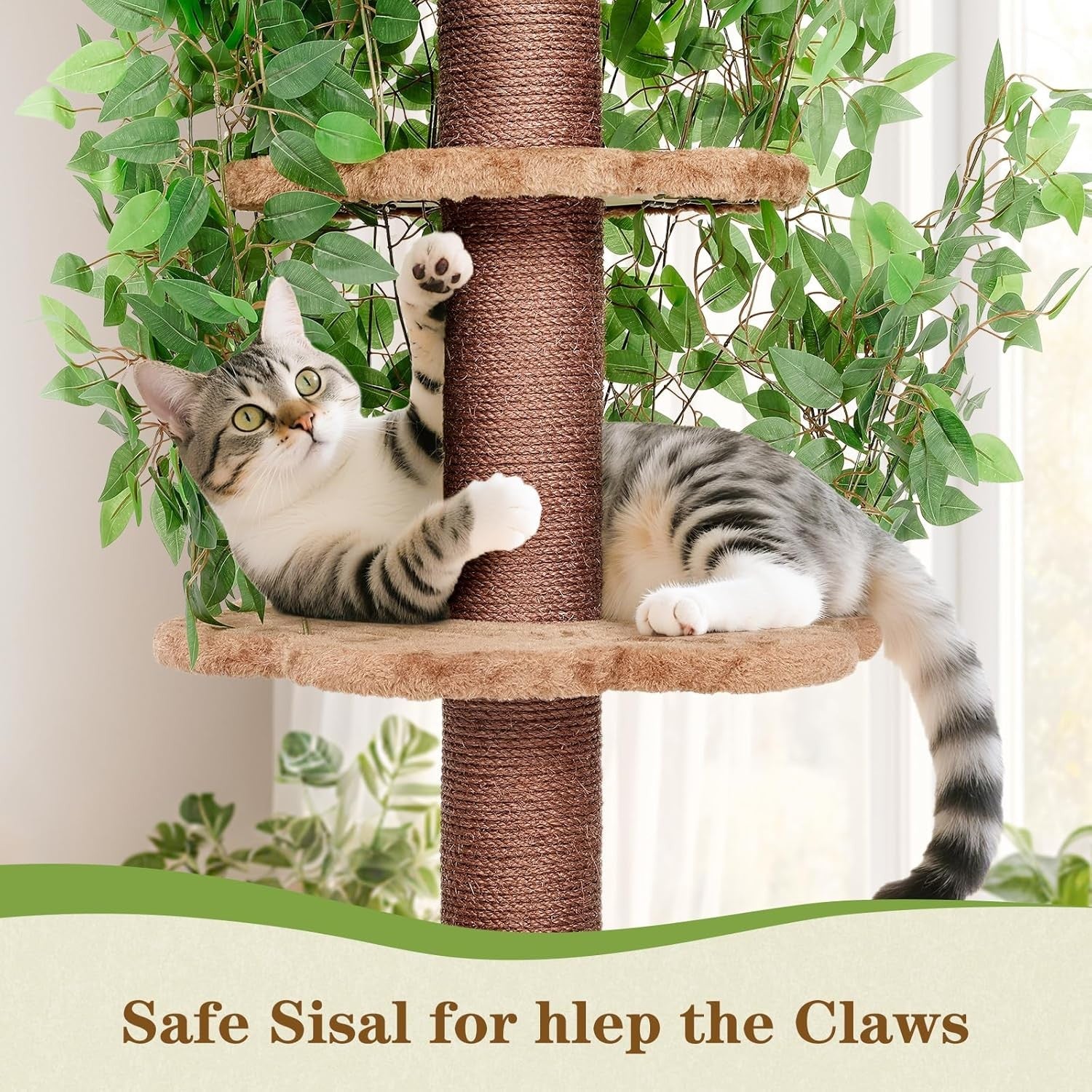 150cm Cat Tree Tower Scratching Post With Simulated Ficus Leaves Indoor