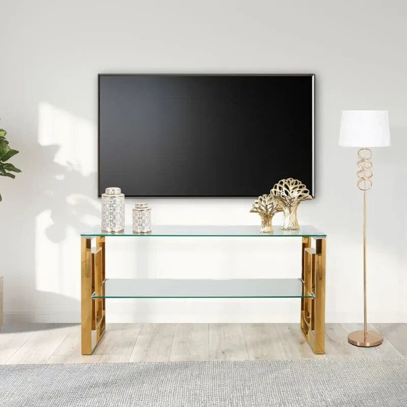 Gold Glass TV Stand 2-Tier Modern Media Console Unit Clear Shelf Frame