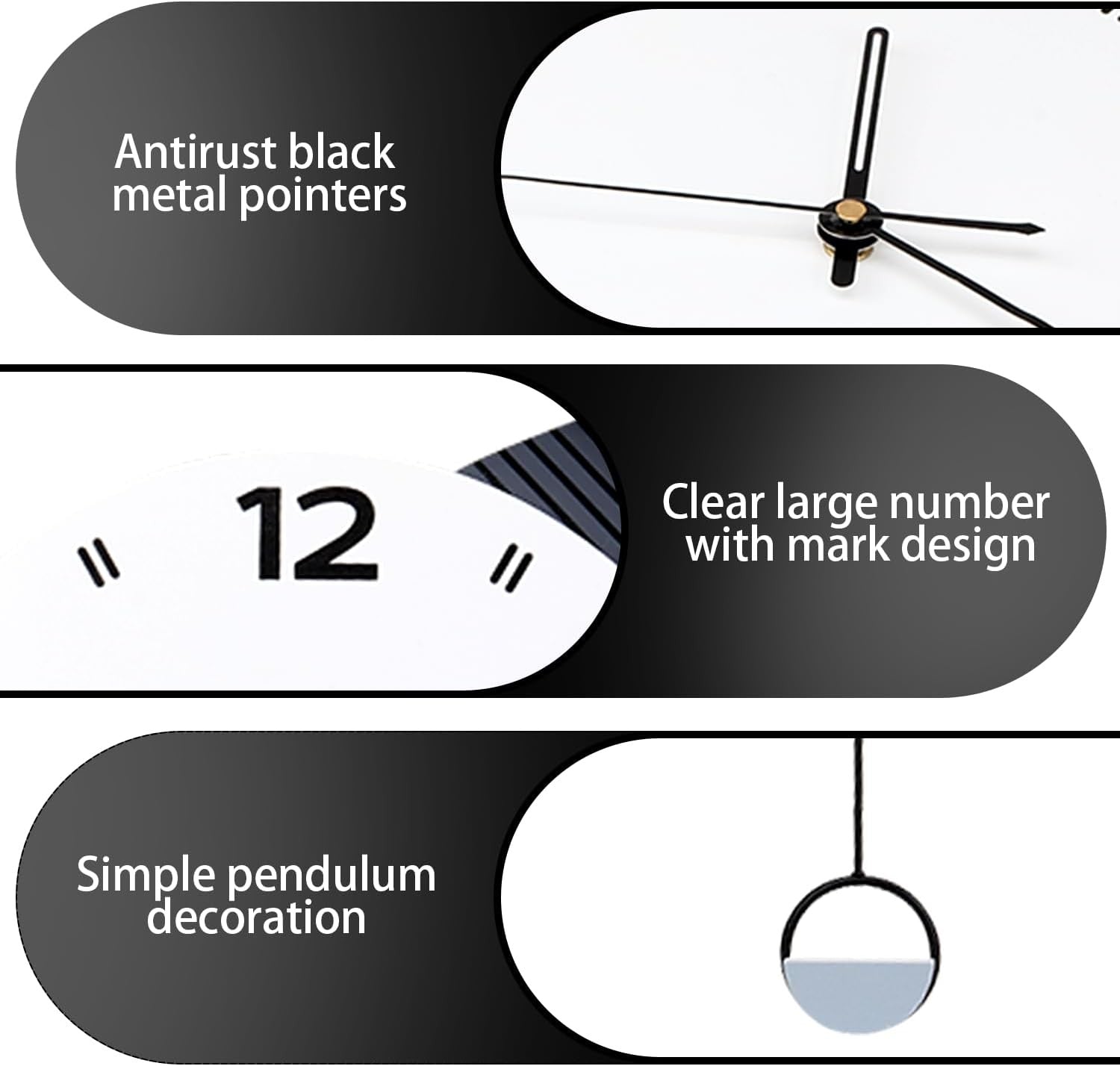 Modern Silent Wall Clock with Pendulum Large Quartz Black Home Decor 38x52cm