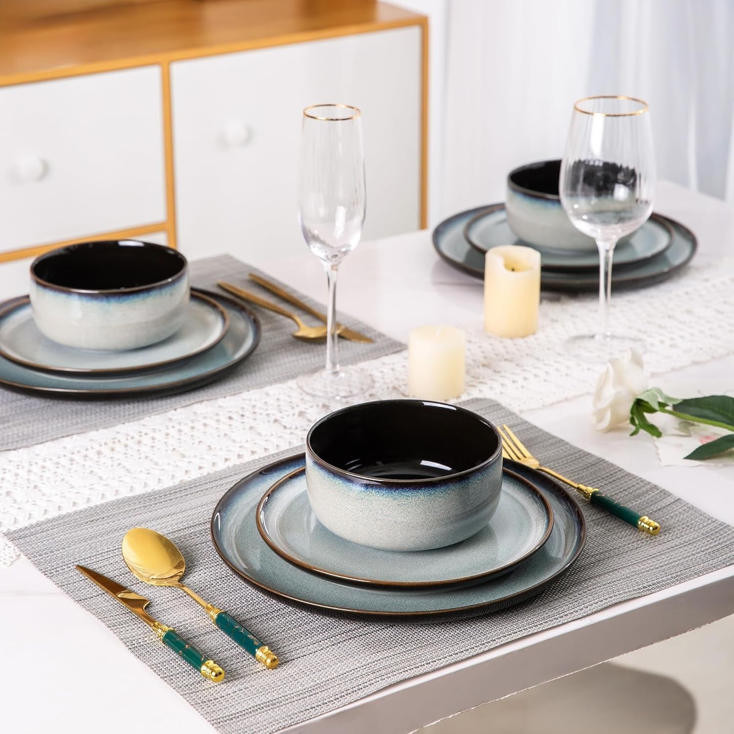 12pc Stoneware Dinner Set for 4 Scratch Resistant Plates Bowls Microwave Safe