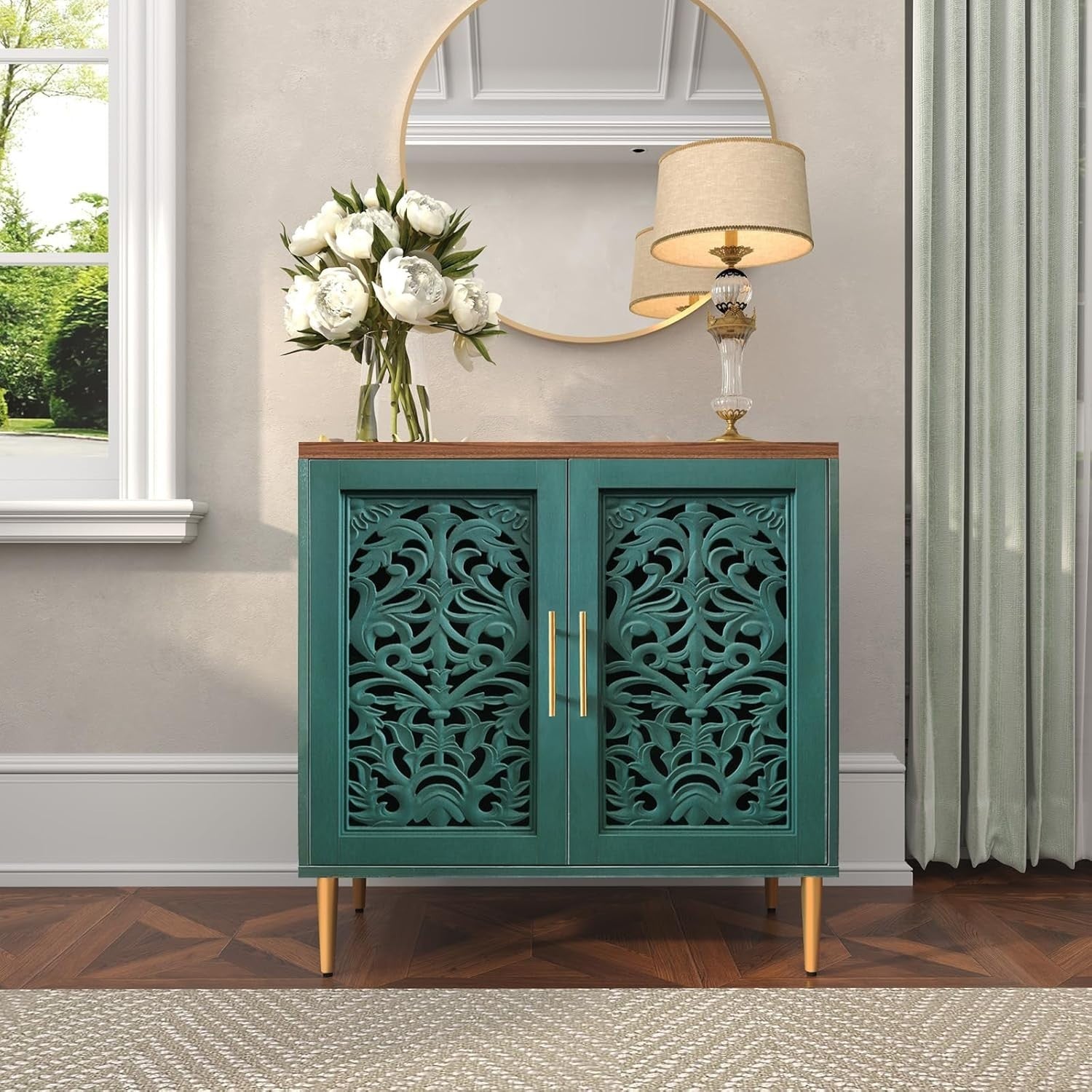 Green Vintage Sideboard Cabinet 2 Door Carved Storage Unit Hallway Accent