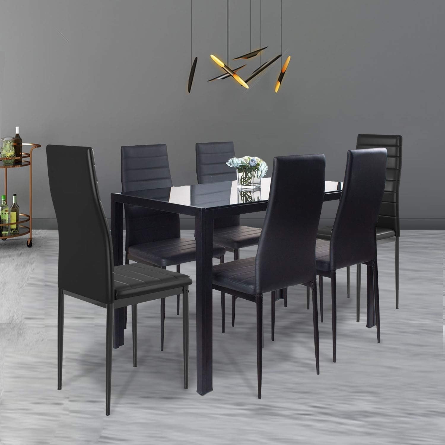 Modern 6-Seater Glass Dining Table with High Back Faux Leather Chairs