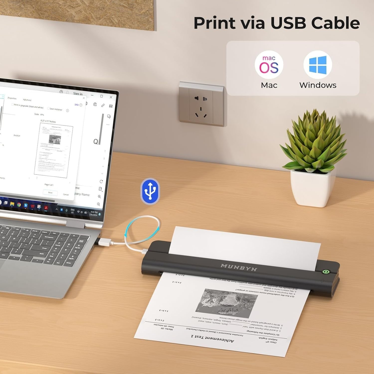 Black Portable A4 Thermal Printer Wireless Bluetooth Home Office Travel
