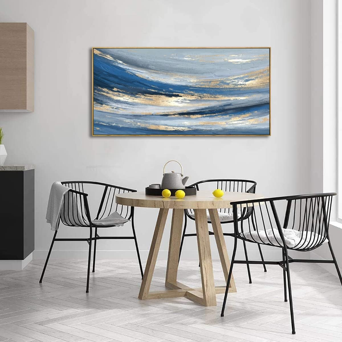 Blue Gold Abstract Canvas Wall Art – Large Framed Painting 40x20in