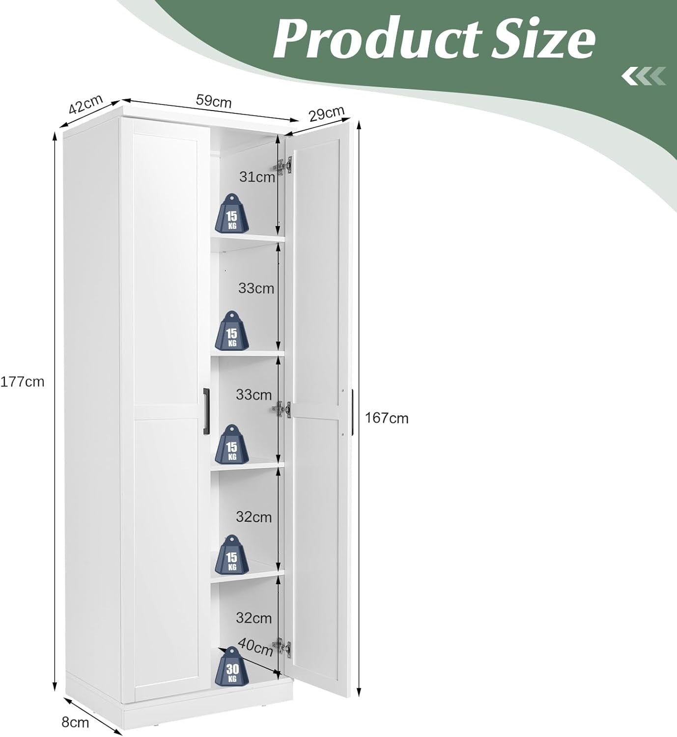 Tall Kitchen Cupboard 5-Tier Storage Cabinet 2 Doors White