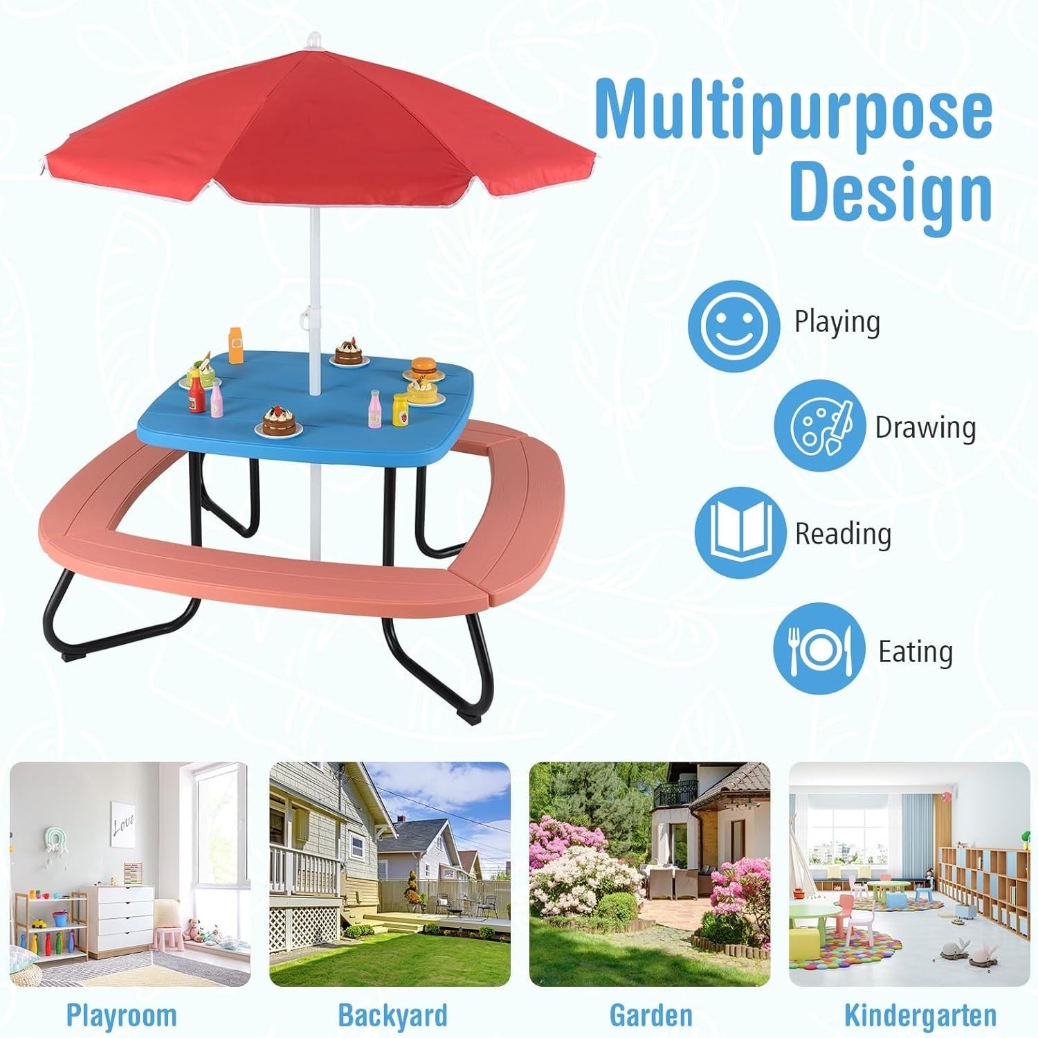 Kids Outdoor Picnic Table Set with Adjustable Umbrella, Seats 8, Red+Blue
