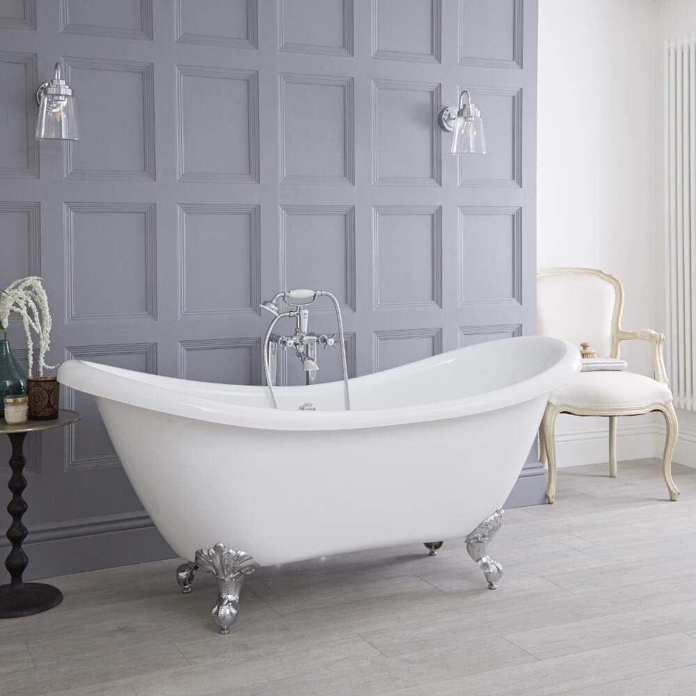 White Double Ended Freestanding Slipper Bath 1750x730mm Gold Claw Feet