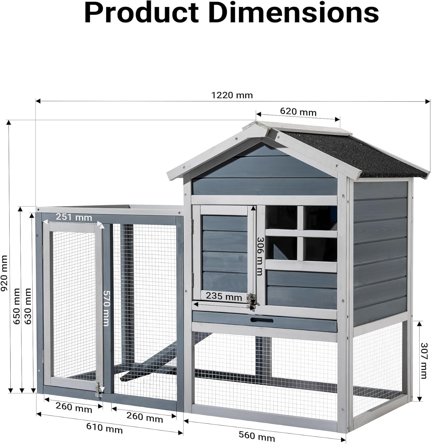 Large Rabbit Hutch with Run Outdoor Grey Elevated Wooden Shelter