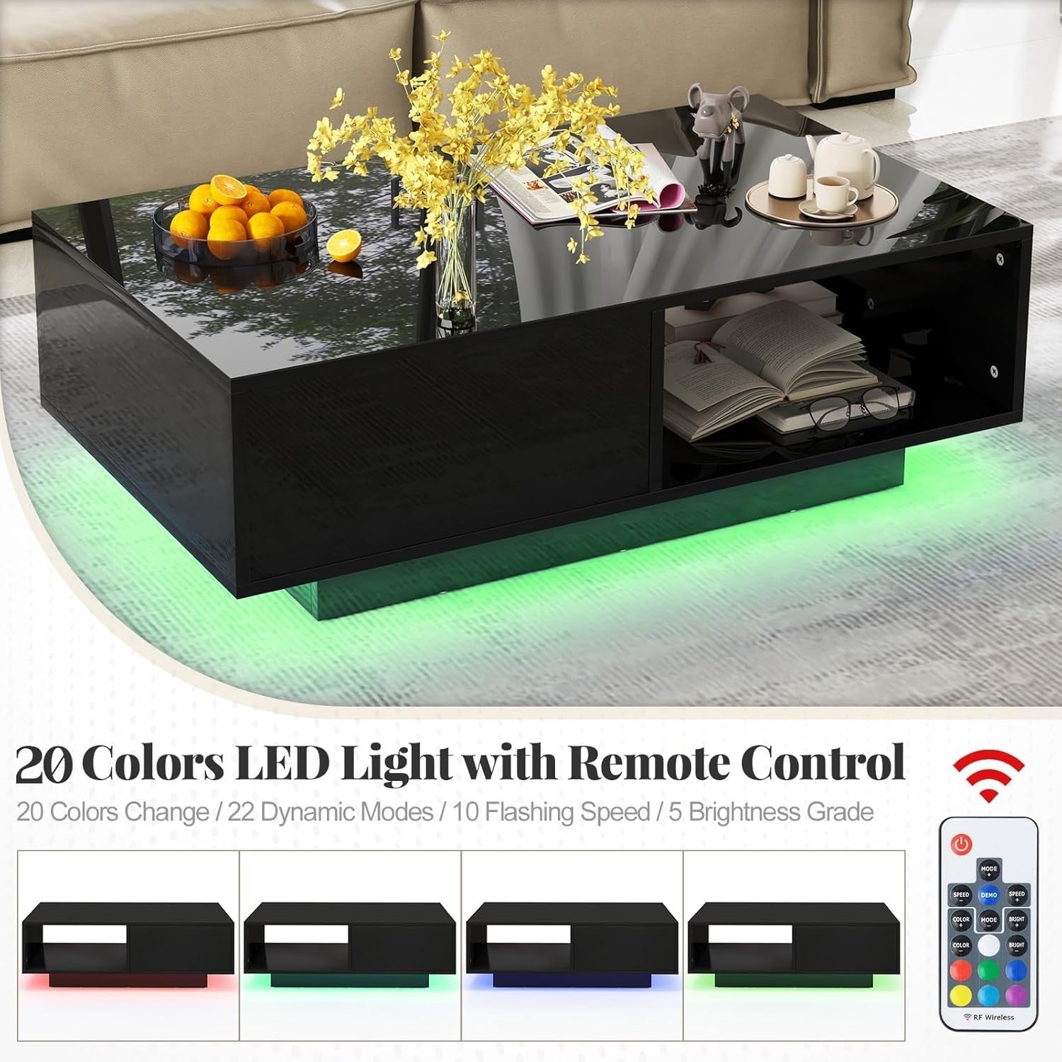 Modern LED Coffee Table with Storage Drawer – 20 Colour Lights, Black