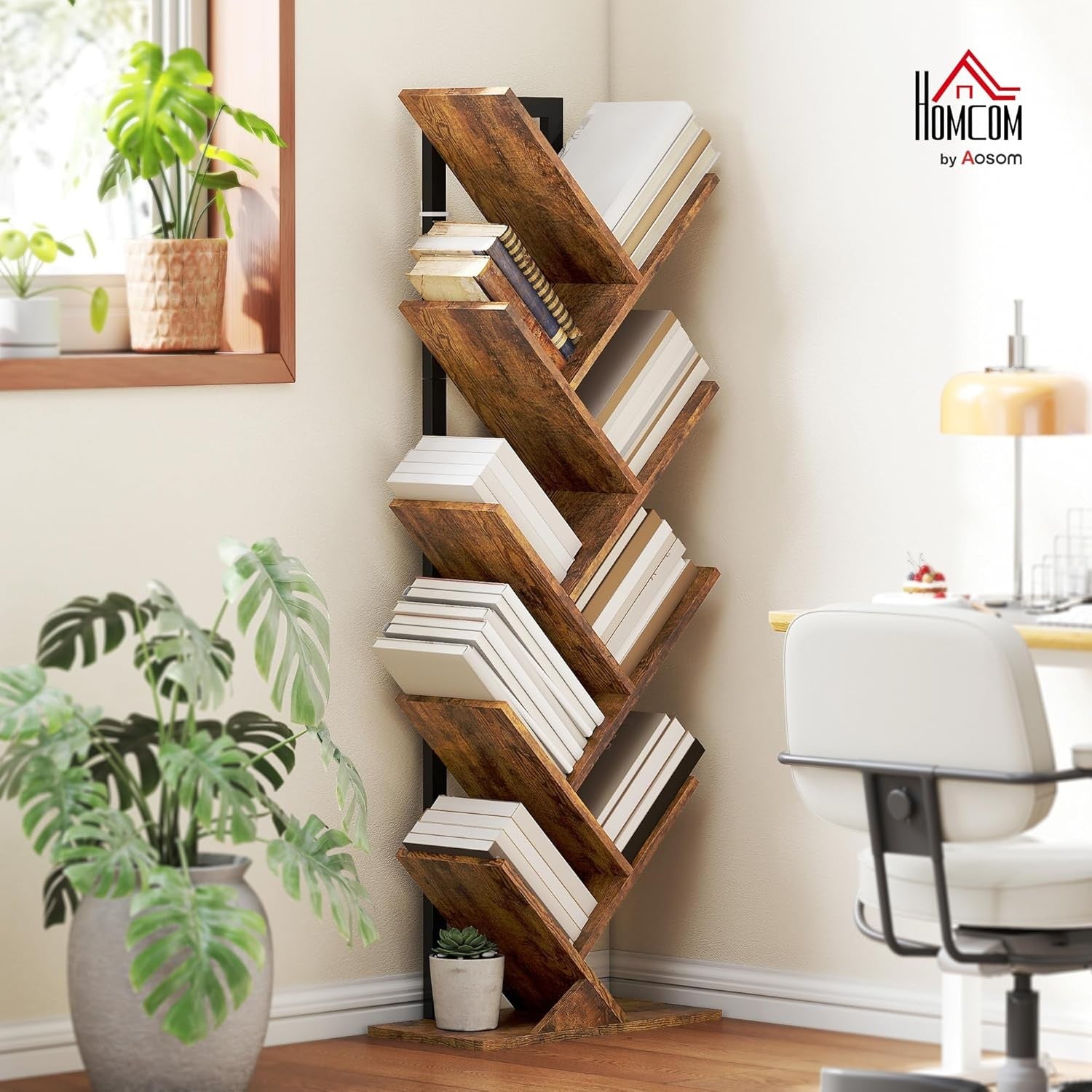 9-Tier Tree Bookshelf Rustic Brown Vertical Bookcase Industrial Space-Saving Uni
