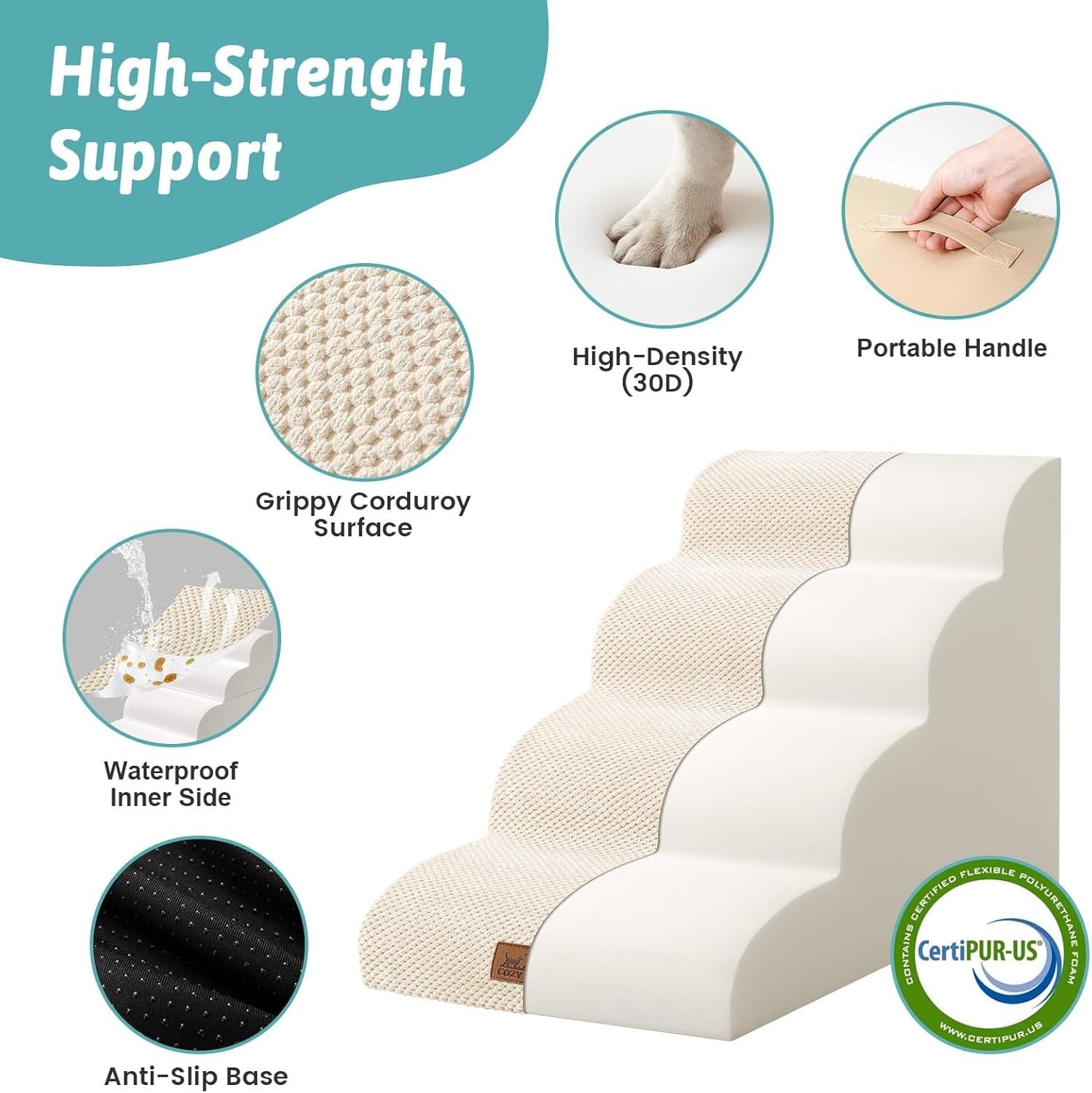 Dog Stairs 4 Step 19.7in Foam Pet Ramp for Bed Sofa Car Beige