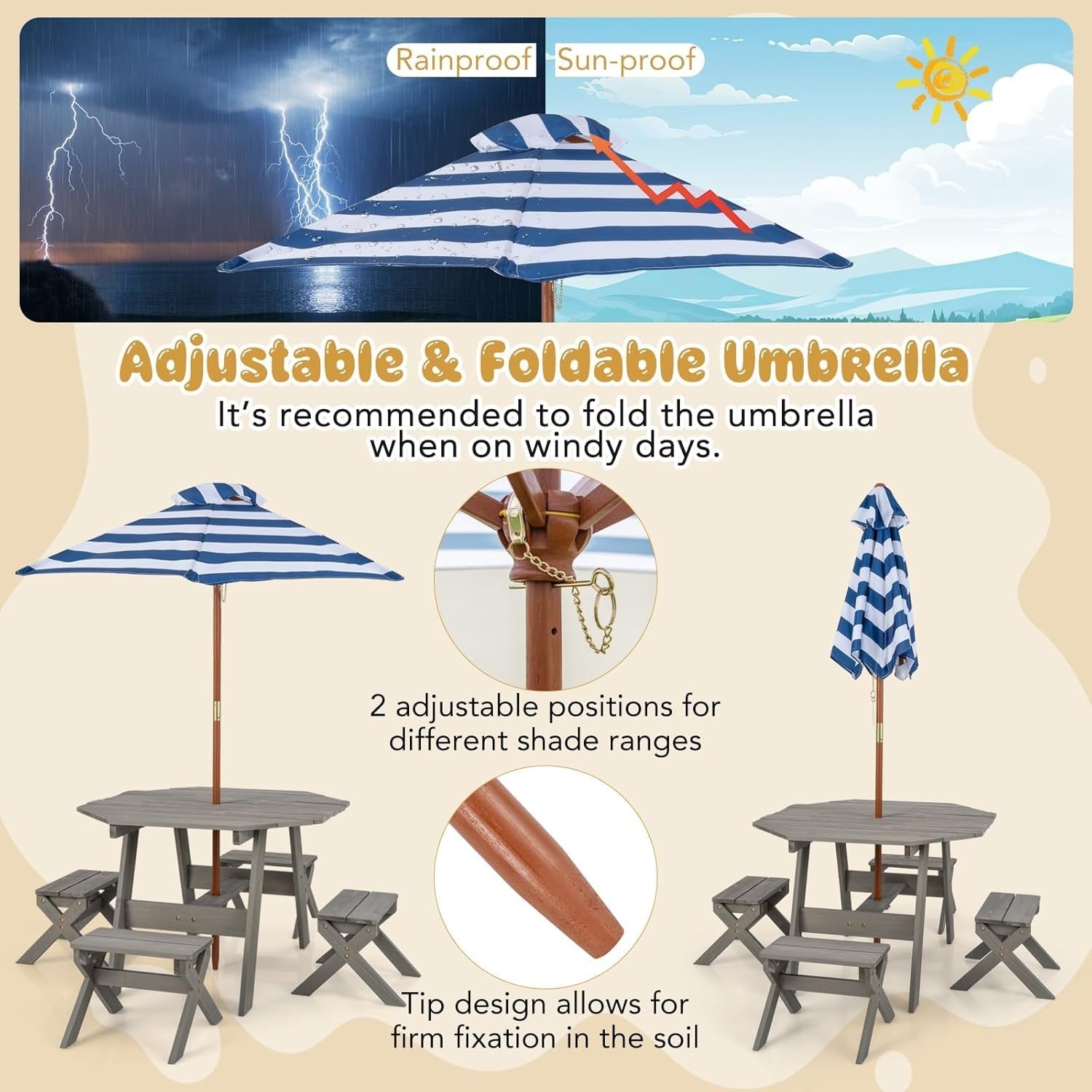 Kids Wooden Picnic Table Set w/ 4 Stools & Adjustable Umbrella Outdoor Indoor