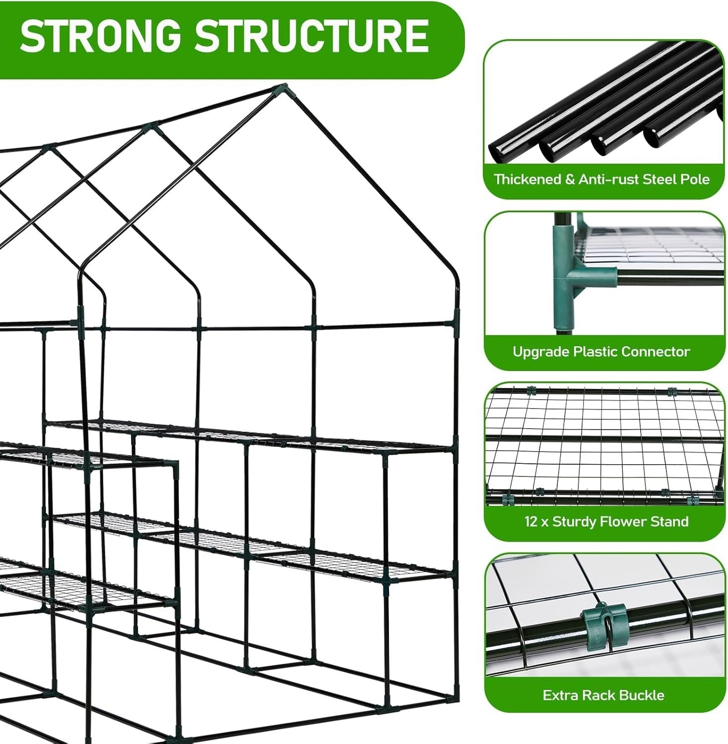 Large Walk-In Greenhouse 3 Tier 12 Shelf PE Cover Steel Frame Outdoor Plant Tent