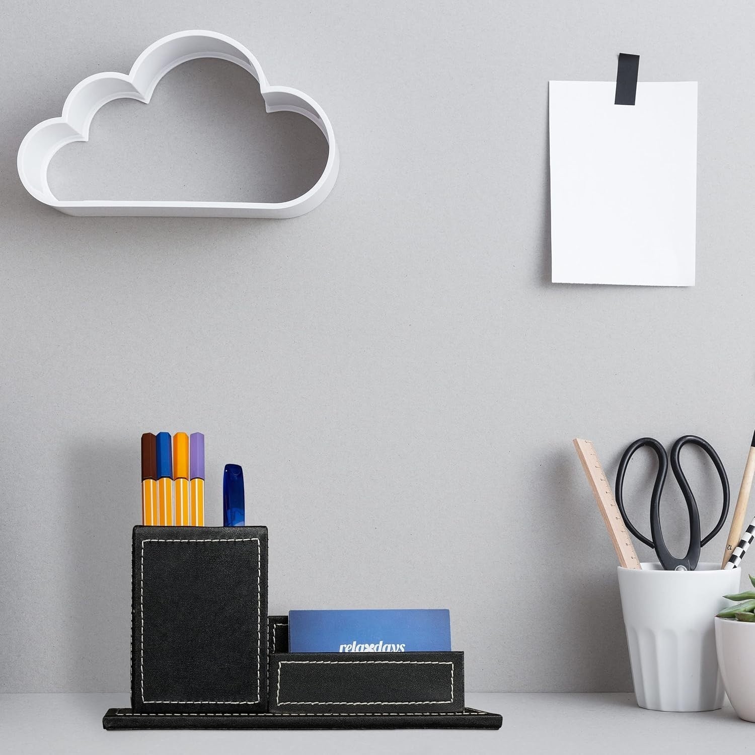 Compact Faux Leather Desk Organiser with Pen & Business Card Holder