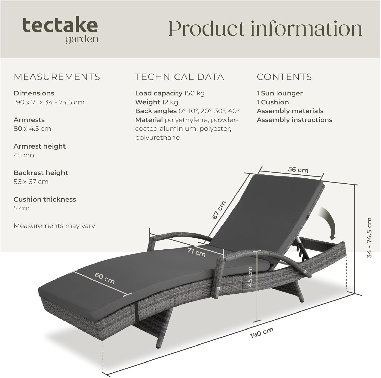 Adjustable 5-Position Rattan Sun Lounger with Cushion, Weatherproof & Lightweigh