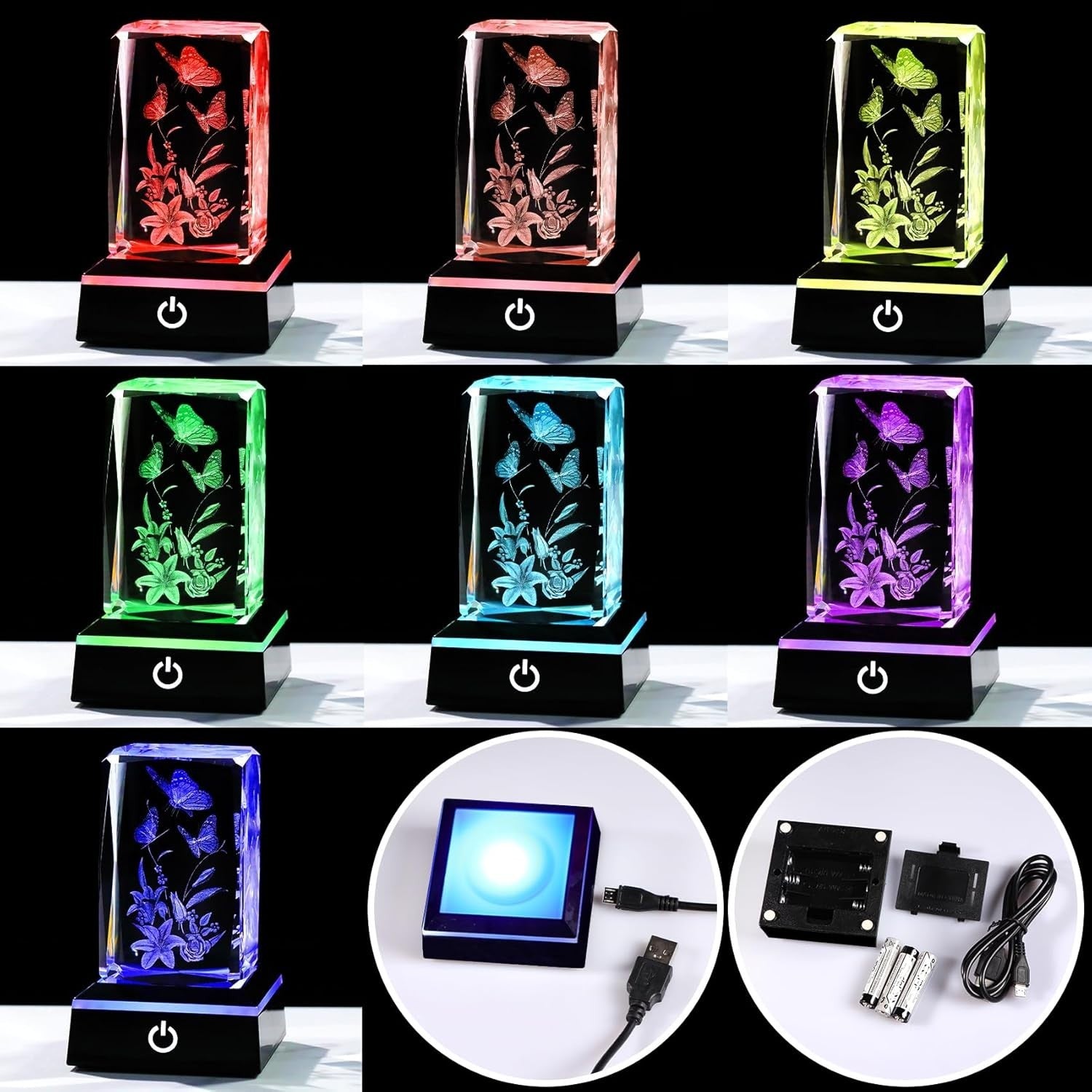 3D Crystal Butterfly & Lily Gift Light Ornament – LED Colour Changing Glass