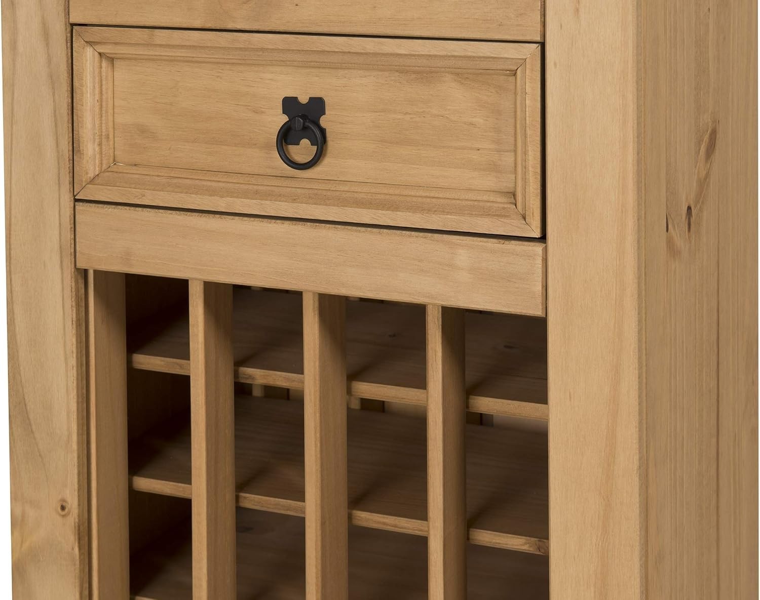Rustic Pine Wine Rack Cabinet with Drawer & Glass Holder, Floor Standing Storage