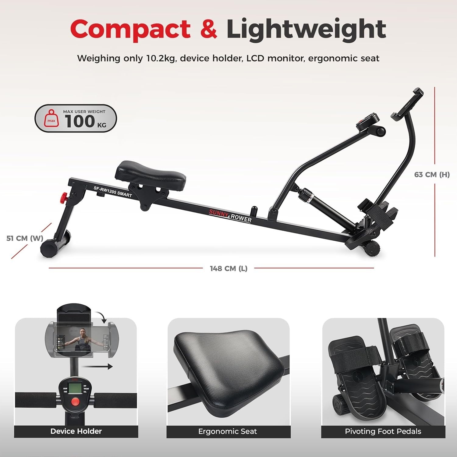 Compact Rowing Machine 12-Level Hydraulic Resistance Foldable Rower LCD 220lb