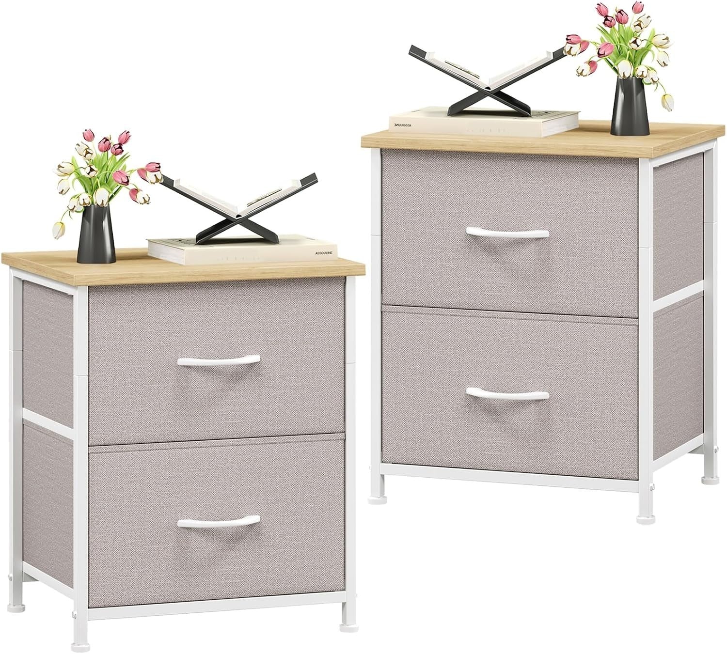 Modern Grey Bedside Tables Set of 2 with Fabric Drawers, Lightweight Cabinets