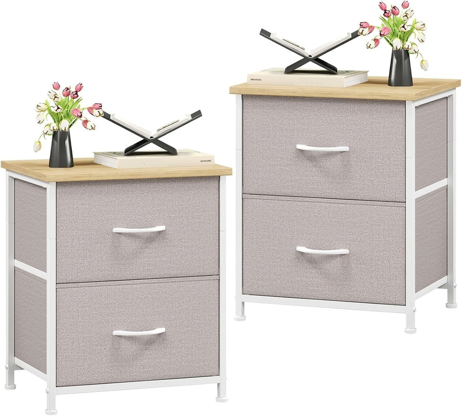 Modern Grey Bedside Tables Set of 2 with Fabric Drawers, Lightweight Cabinets