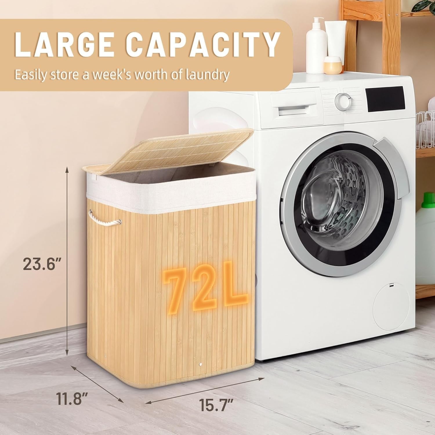 72L Slim Bamboo Laundry Hamper with Lid Foldable Clothes Basket Beige