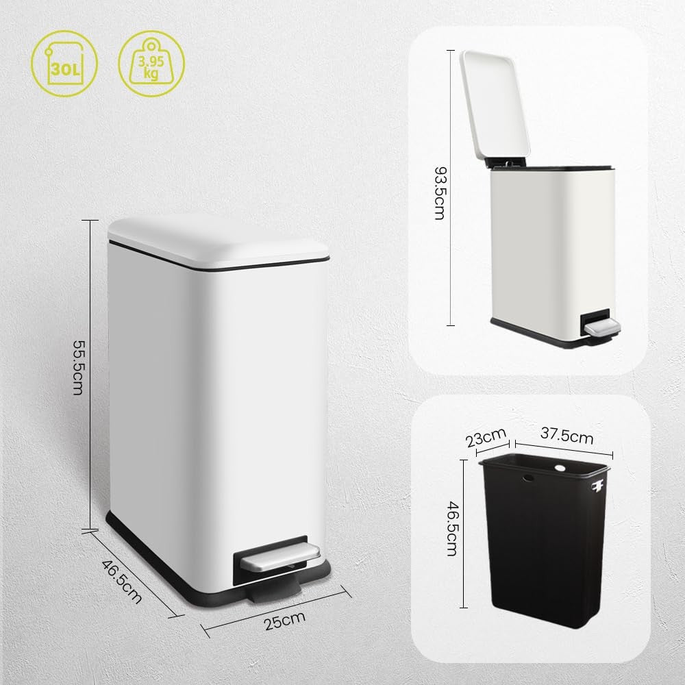30L Kitchen Pedal Bin Soft Close Stainless Steel White
