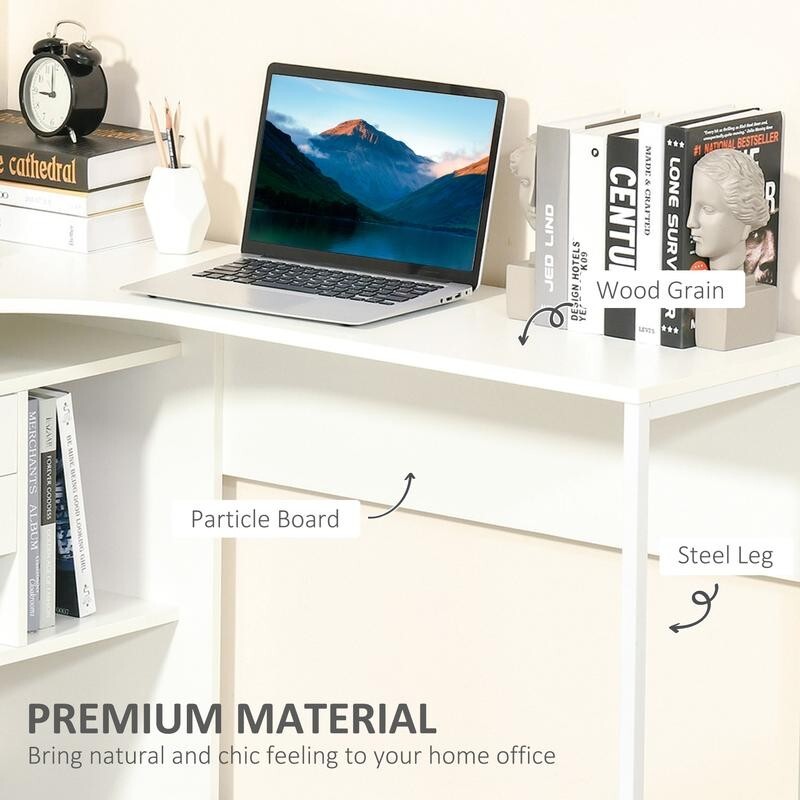 White L-Shaped Computer Desk with Drawers & Storage – Corner Office Table