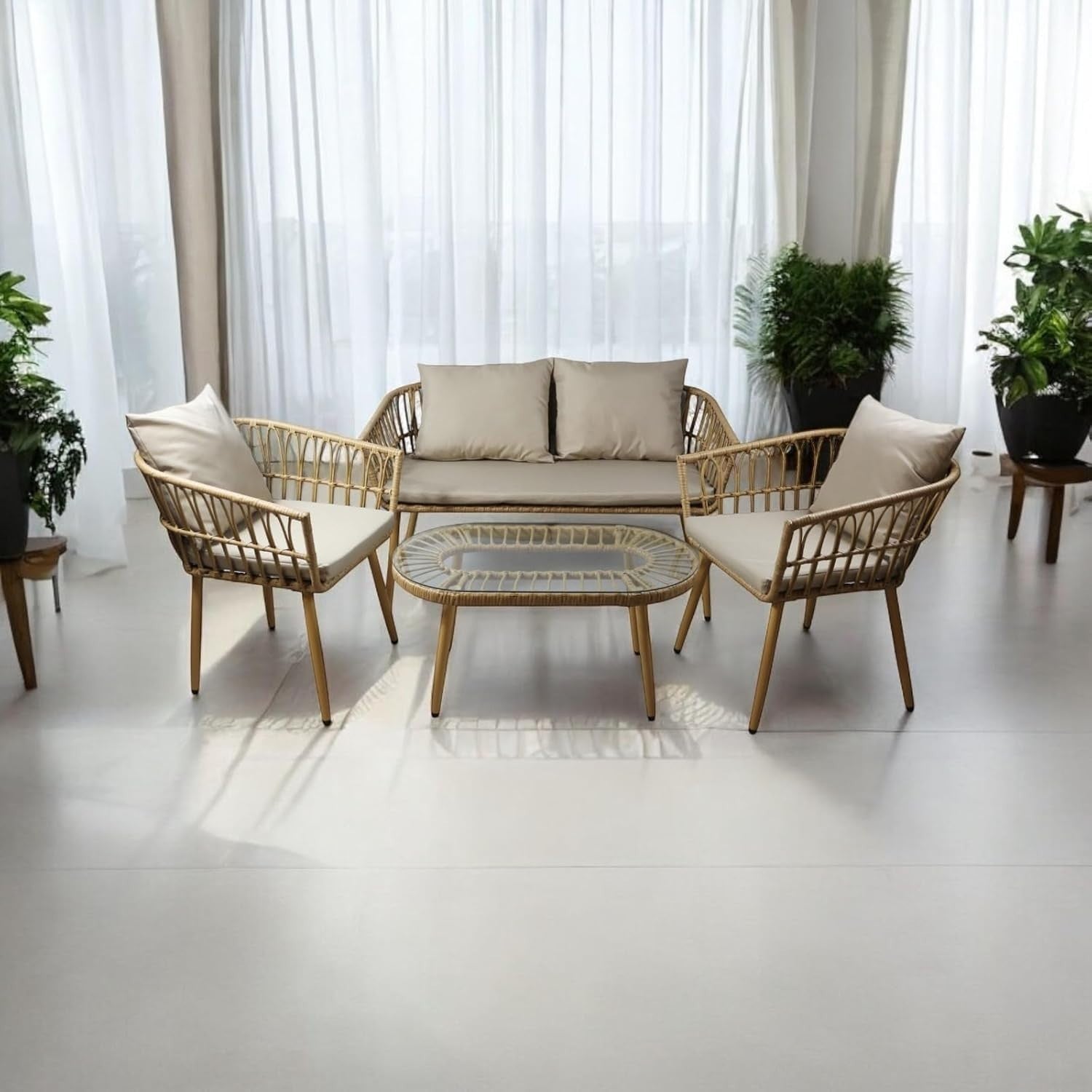 4PC Rattan Sofa Set Outdoor Garden Patio Lounge Chairs Table Cushions Cream