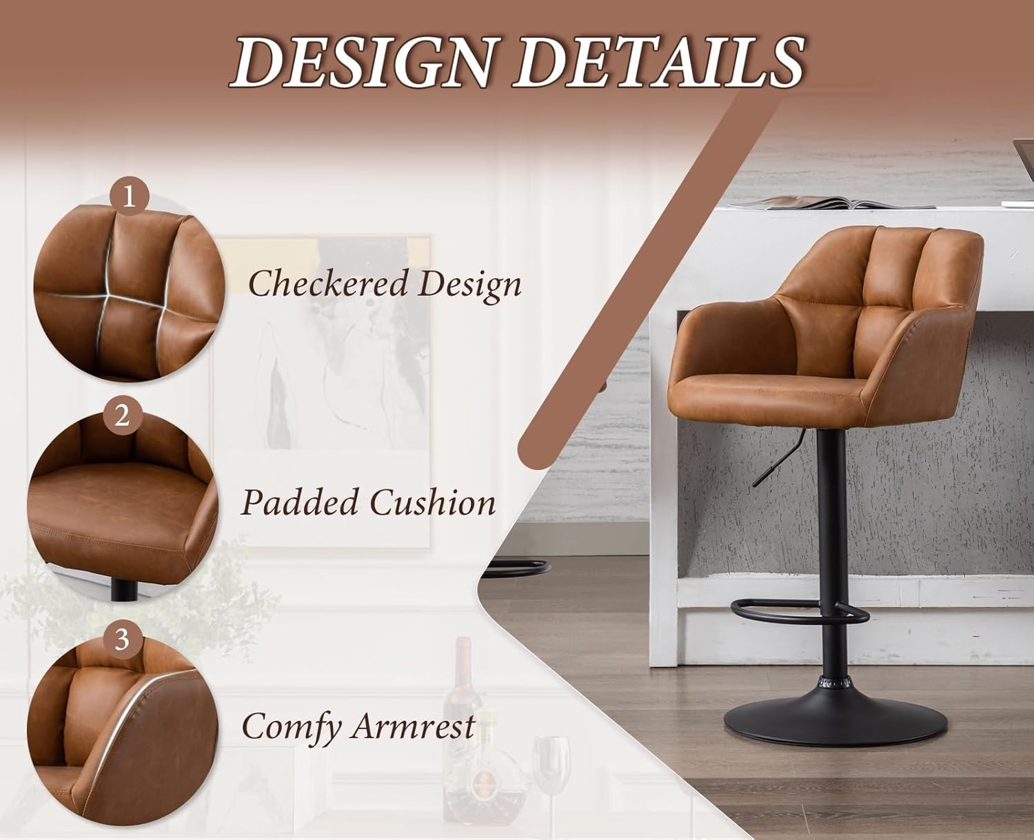 Set of 2 Swivel Bar Stools PU Leather Adjustable Height Brown