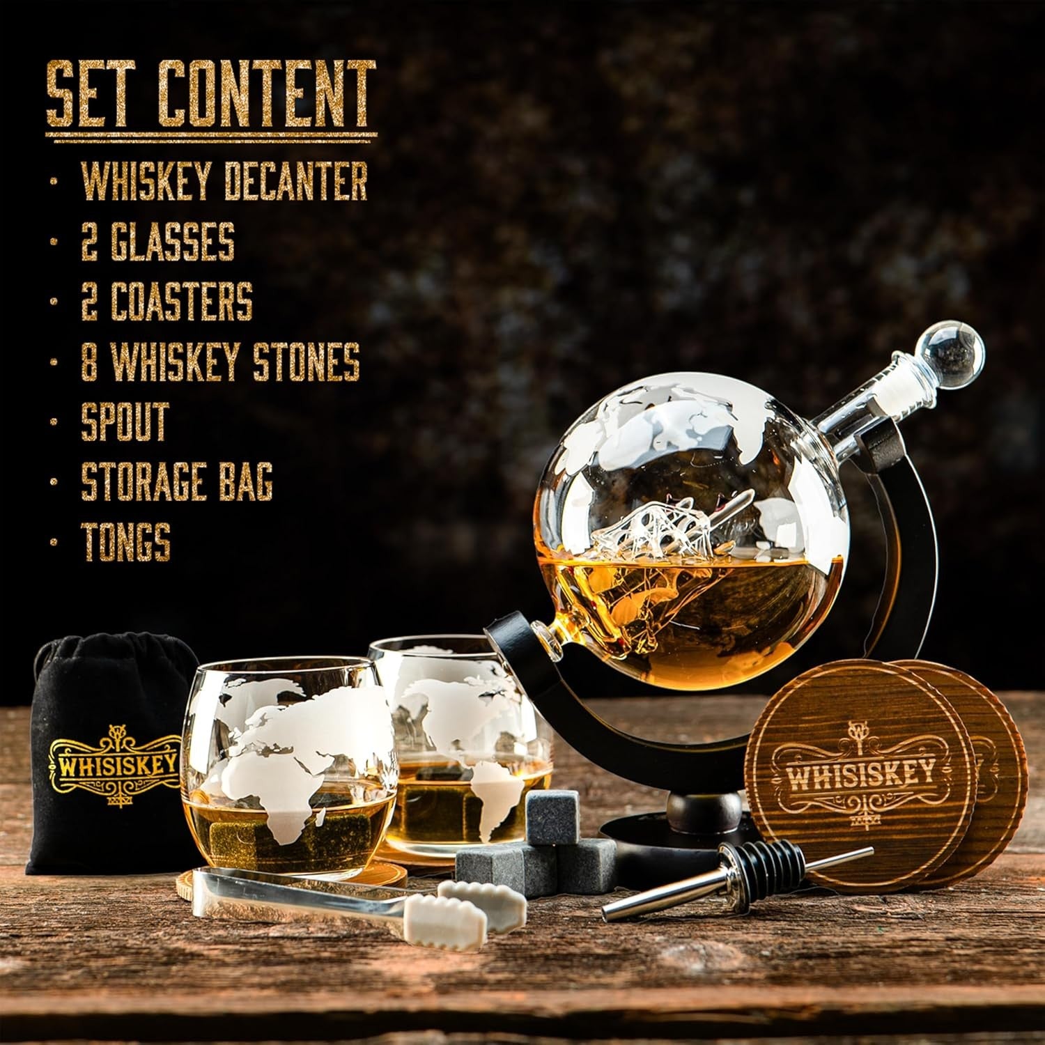 900ml Globe Whiskey Decanter Set with Glasses Stones Luxury Gift for Men Bar