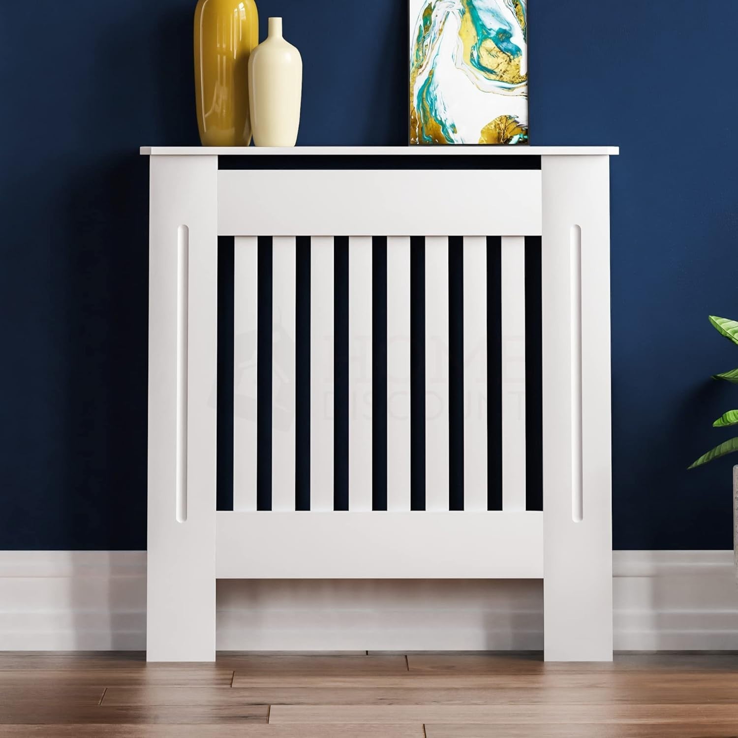 Small White Radiator Cover Cabinet with Modern Slats & Shelf