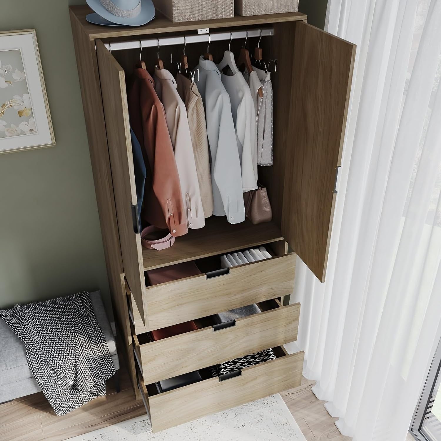 Oak 2 Door Wardrobe 3 Drawer Storage Unit with Rail | Modern 180cm Tall