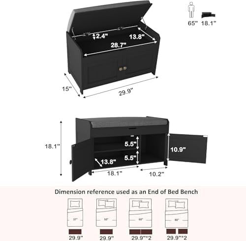 Black Shoe Storage Bench with Cushion Seat 2-Door Cabinet Entryway 76x39x46cm