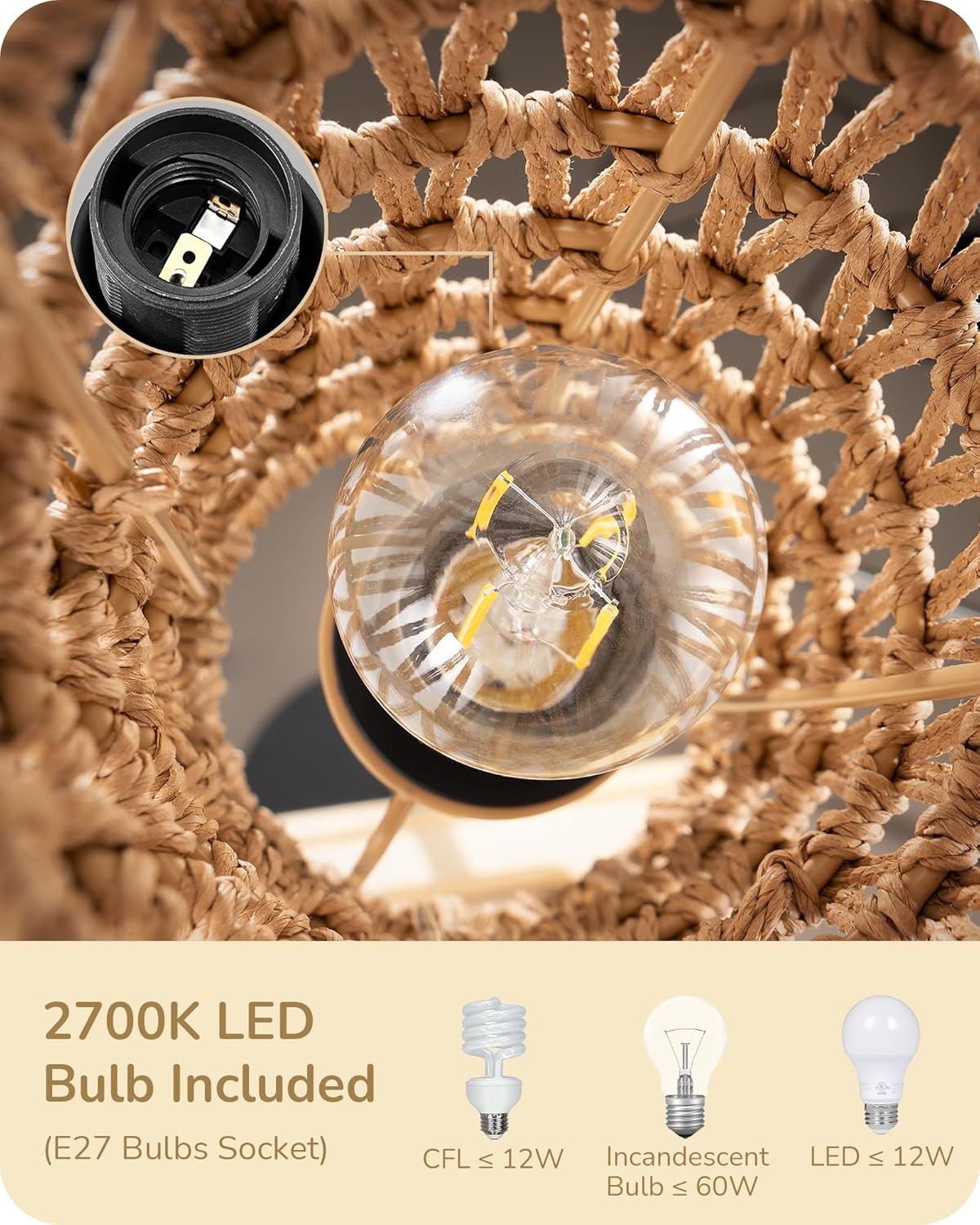 Rattan Floor Lamp Natural Boho Standing Light 165cm E27 LED Warm Glow