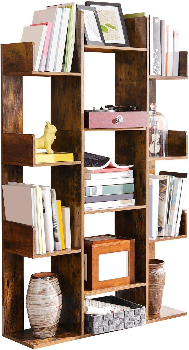 Tree-Shaped 13-Shelf Rustic Brown Bookcase Tall Display Unit for Modern Homes
