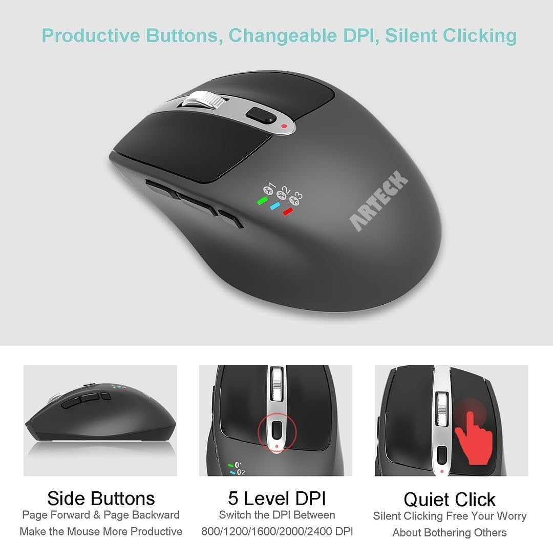 Multi-Device Bluetooth Mouse Silent Click Rechargeable Ergonomic Office PC