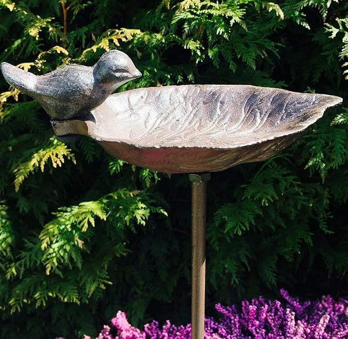 Cast Iron Leaf Bird Bath with Bird – Garden Stake Feeder Outdoor Ornament