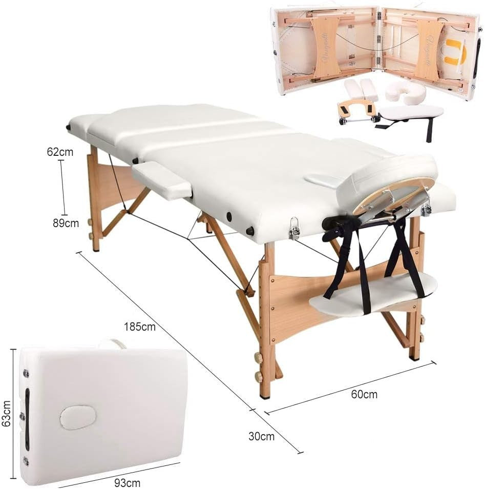 Portable 3 Section Massage Table Foldable Beauty Therapy Bed 60cm Beige White