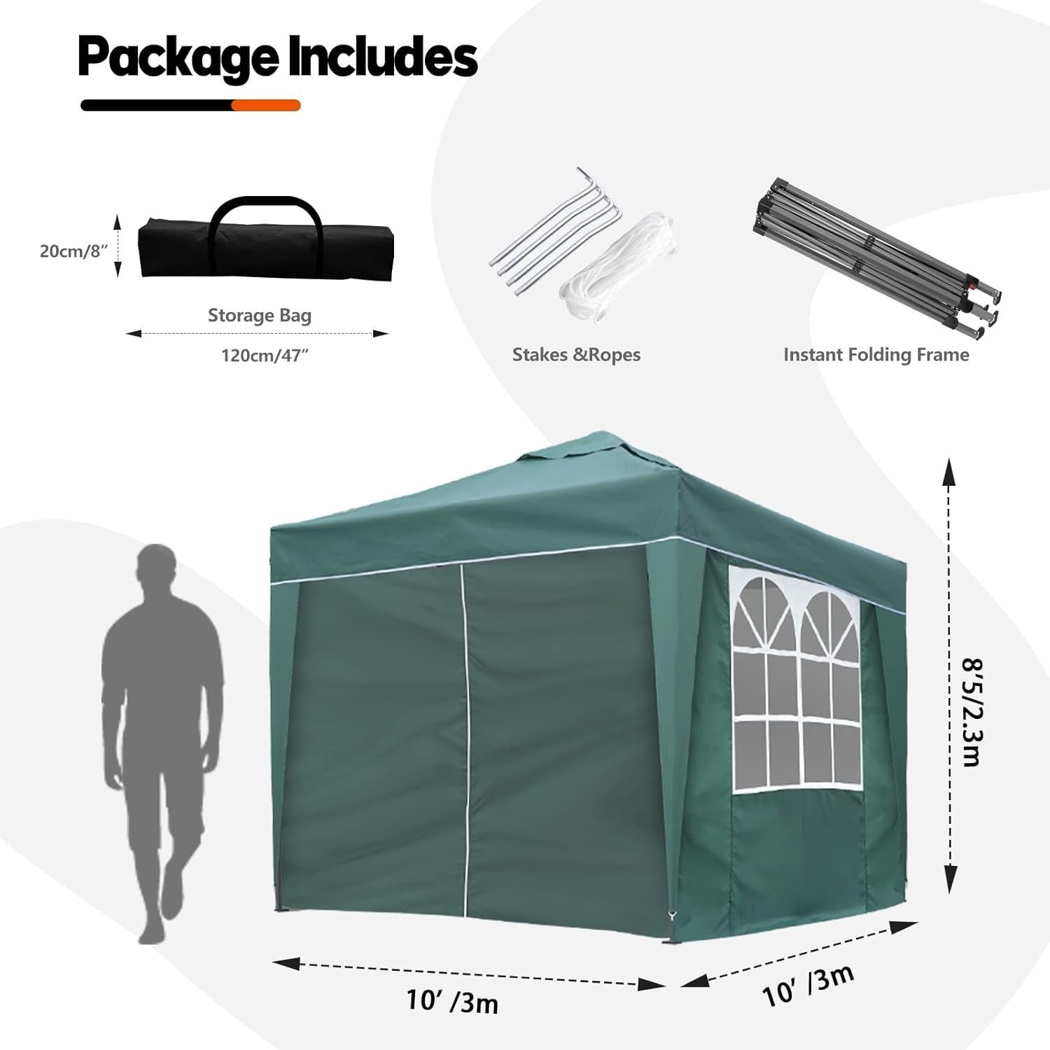 3x3M Green Pop Up Gazebo With Removable Sides Waterproof Outdoor Tent