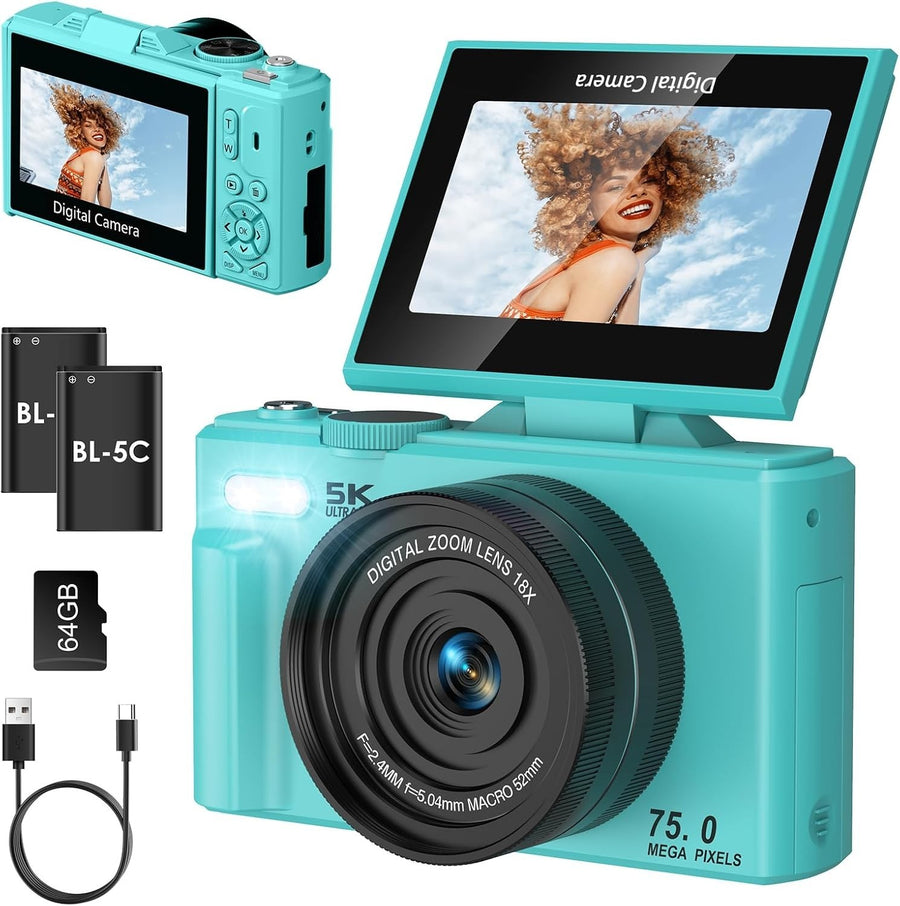 5K 75MP Digital Camera WiFi Vlogging Camera Flip Screen Blue Kit