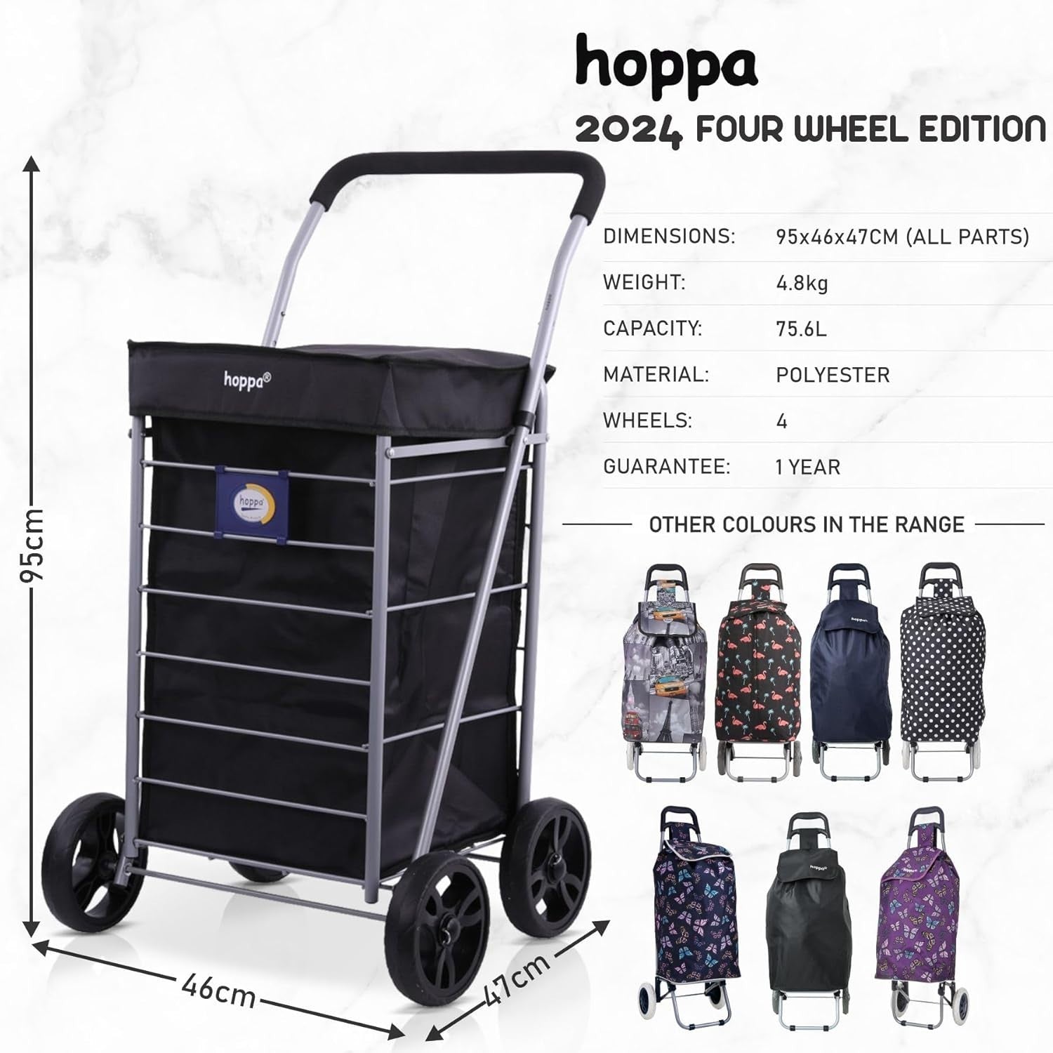 4 Wheel Lightweight Folding Shopping Trolley 75.6L Extra Large Black