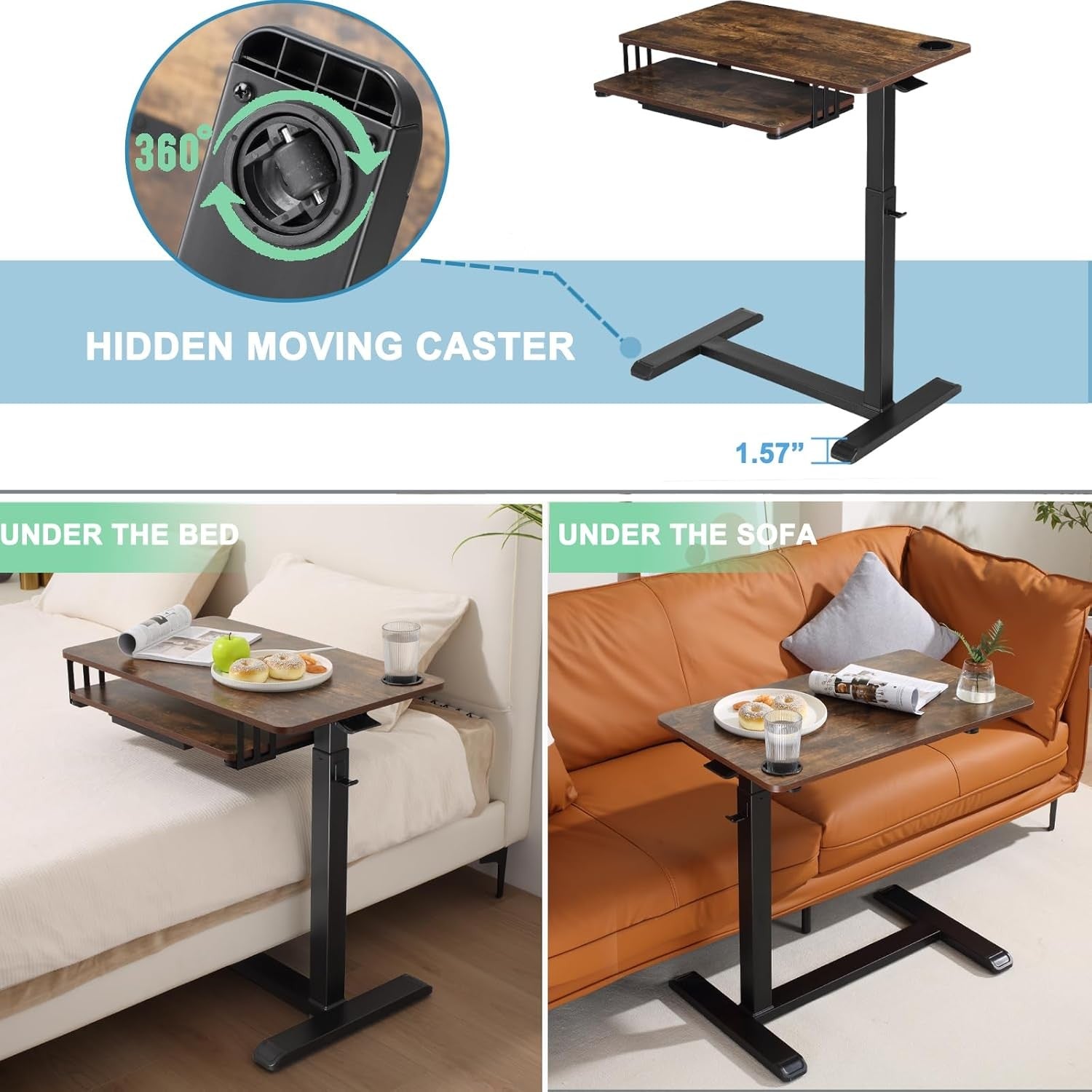 Overbed Table Adjustable Rolling Laptop Desk With Drawer Keyboard Tray Walnut