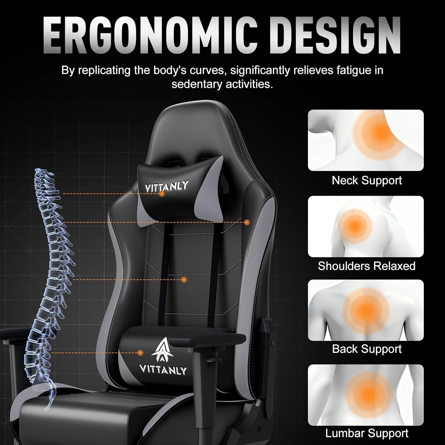 Ergonomic Gaming Chair Reclining Swivel Lumbar Support Grey