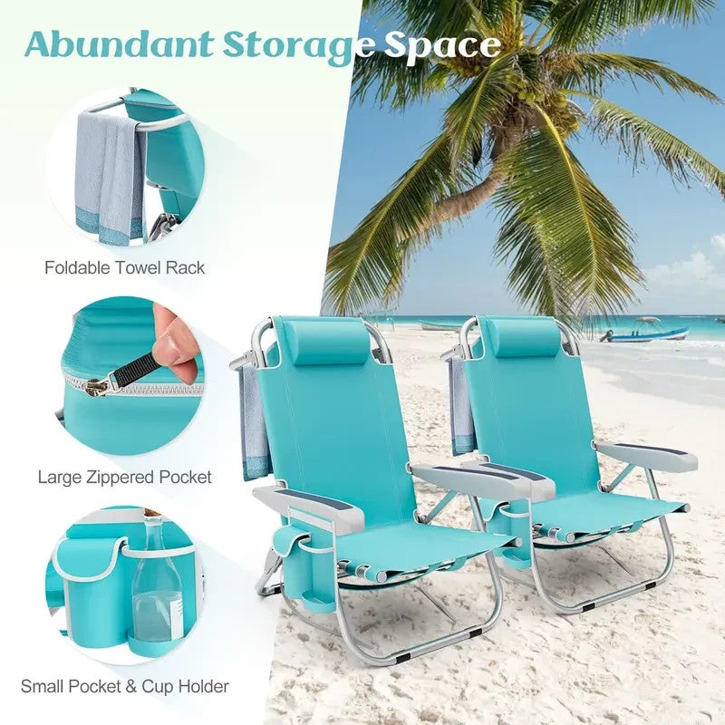 Folding Backpack Beach Chair 5-Position Recliner W/ Towel Rack
