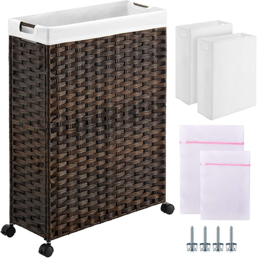 Slim Rattan Laundry Hamper on Wheels 66L with Removable Bags & Mesh Liners Brown