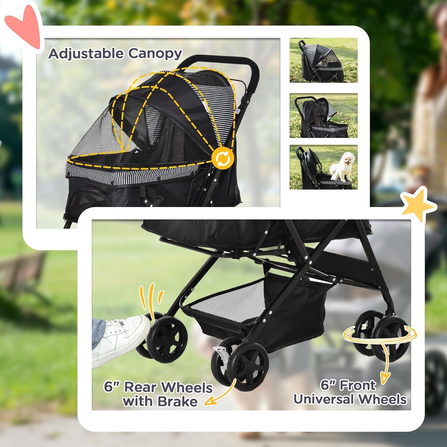 Foldable Dog Stroller Pushchair for Small Dogs 4 Wheels Canopy Brake