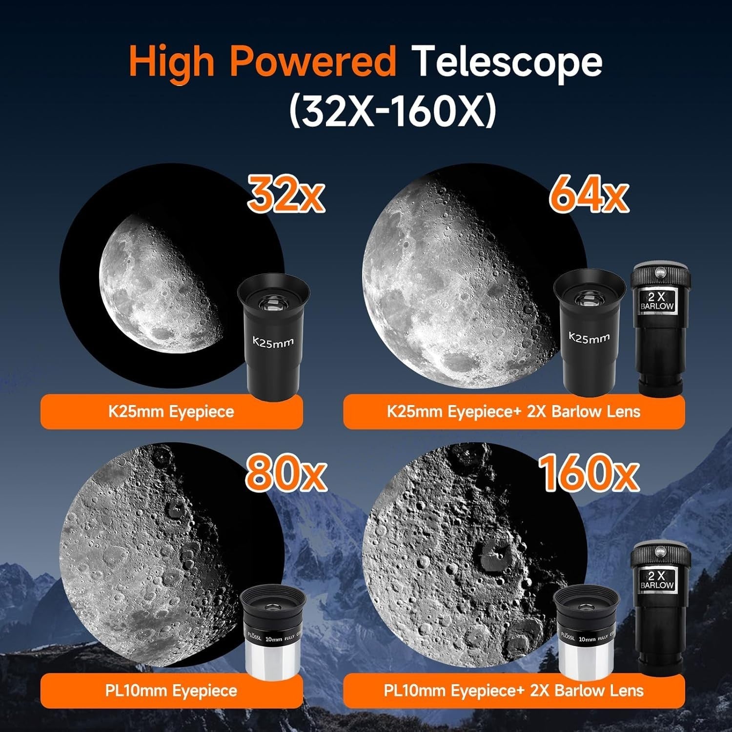 90mm Refractor Telescope 800mm AZ Mount PL10 K25 Barlow Moon Filter